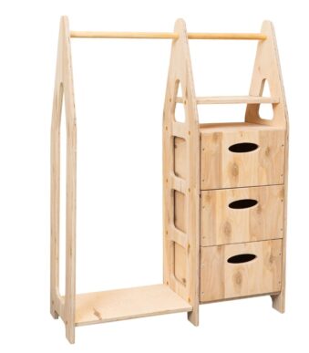 Montessori Kleiderschrank aus Naturholz mit 3 Schubladen, Kleiderstange und Regalen - Produktbild von Cozy Collections