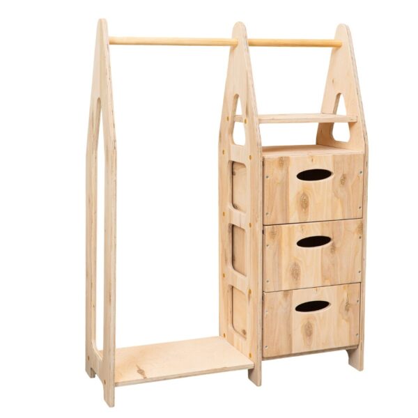 Montessori Kleiderschrank aus Naturholz mit 3 Schubladen, Kleiderstange und Regalen - Produktbild von Cozy Collections