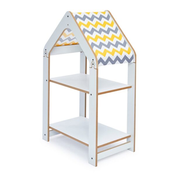 Hausregal 2 Ebenen Weiß – Montessori Bücherregal mit gelb-weißem Chevron-Dach - Produktbild von Cozy Collections