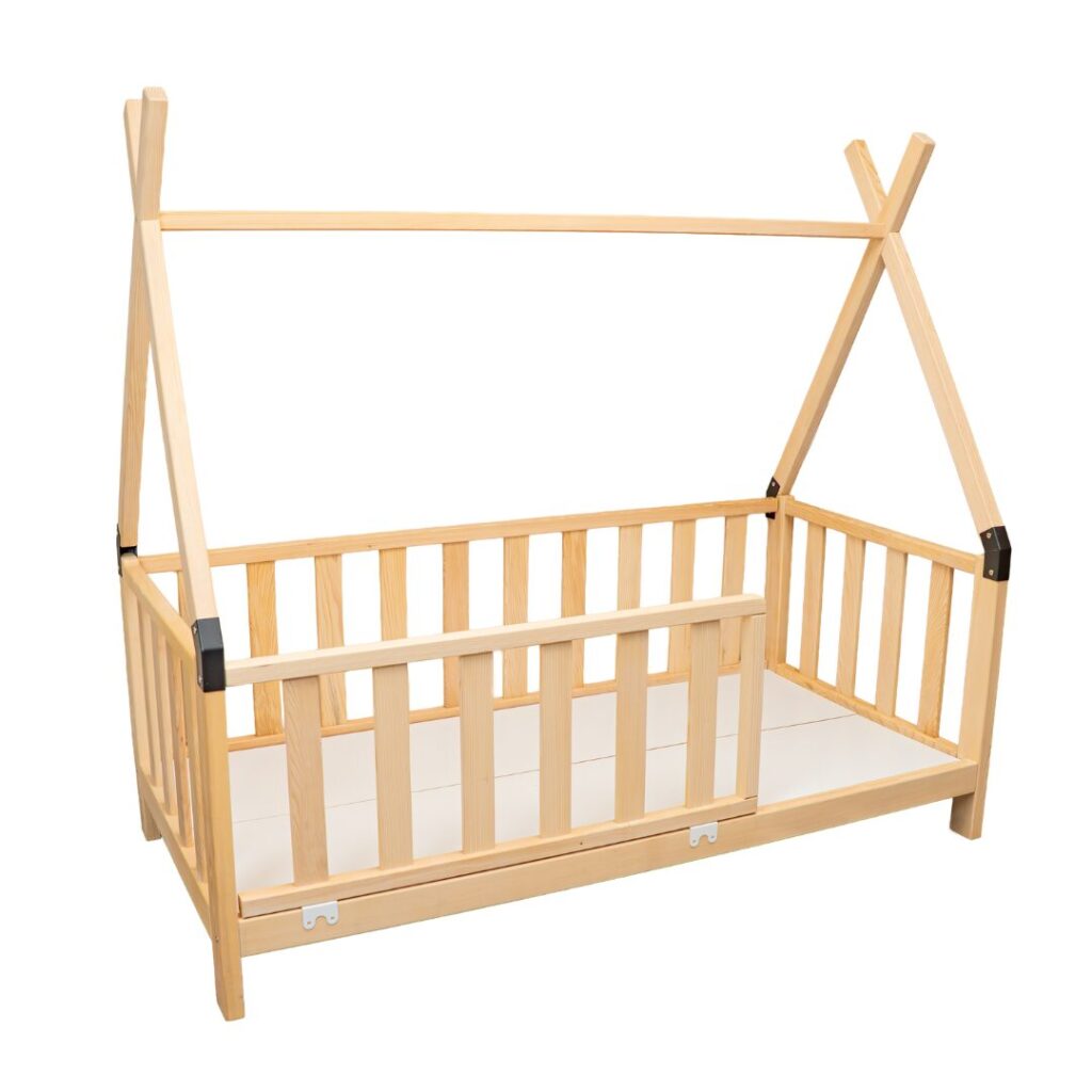 Montessori-Bett Tipi-Hütte aus natürlichem Holz mit Schutzgittern - Produktbild von Cozy Collections