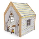 Kinder-Spielhaus aus Naturholz mit Stoffzelt – Montessori-Hütte in Gelb und Grau - Galeriebild 2 von Cozy Collections
