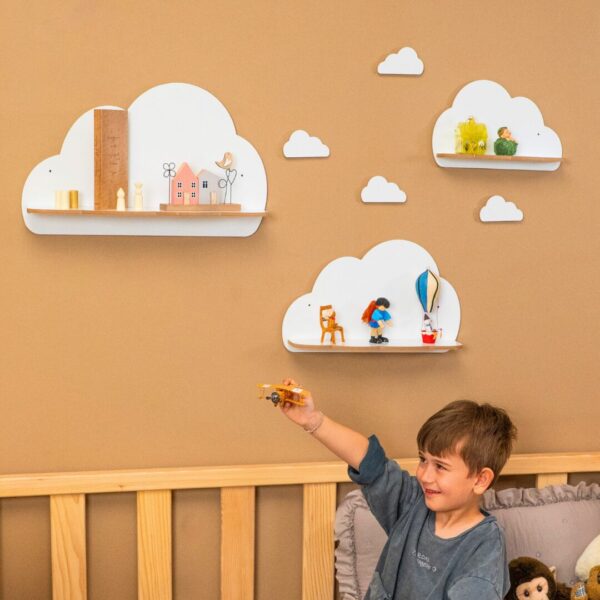 Set mit 3 weißen Wandregalen in Wolkenform aus Holz | Kinderzimmerdekoration - Produktbild von Cozy Collections