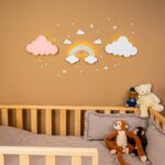 LED-Wand-Nachtlicht Regenbogen mit handbemalten Holzwolken | 4 Pastellfarben - Variantenbild Modell Set 3: Regenbogen + Rosa Wolke + Weiße Wolke von Cozy Collections