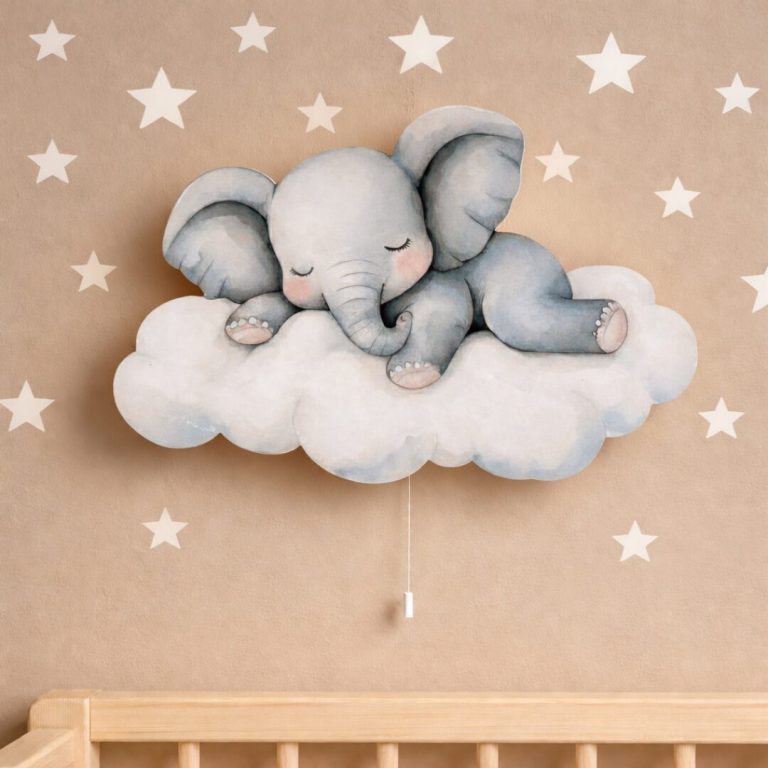 Wandnachtlicht Elefant schlafend auf Wolke | LED Nachtlicht Holz