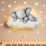 Wandnachtlicht Elefant schlafend auf Wolke | LED Nachtlicht Holz