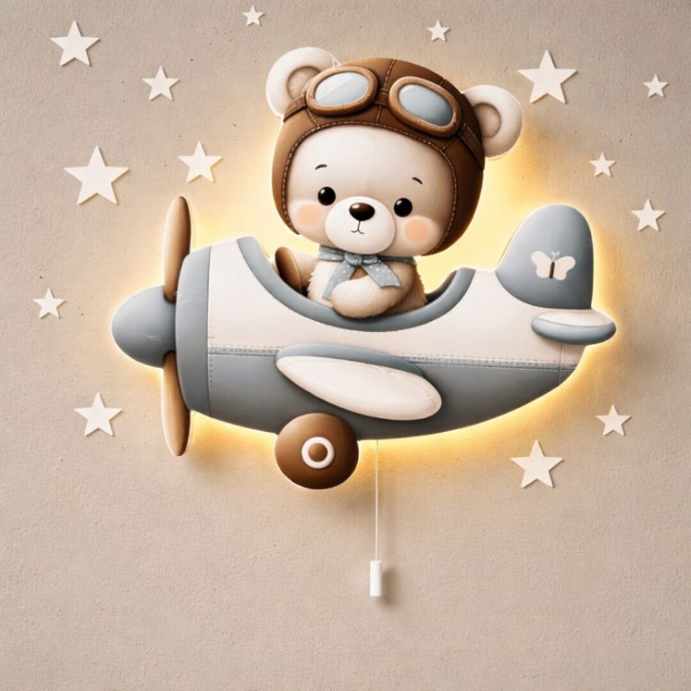 Wandnachtlicht Pilotenbär im Flugzeug | LED Nachtlicht Holz