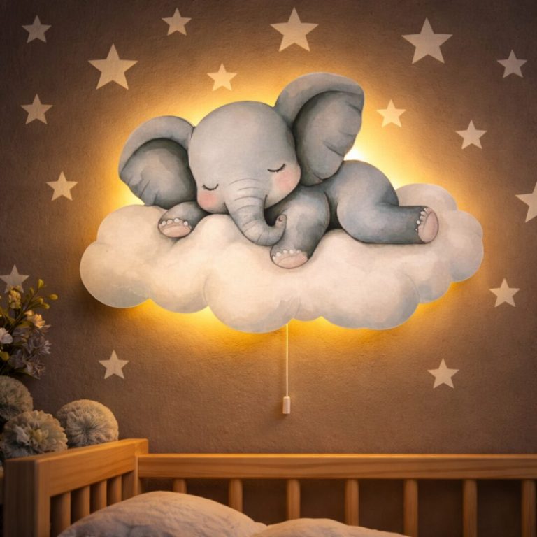 Wandnachtlicht Elefant schlafend auf Wolke | LED Nachtlicht Holz