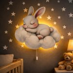 Wandnachtlicht Häschen auf Wolke | LED Nachtlicht Holz