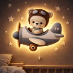 Wandnachtlicht Pilotenbär im Flugzeug | LED Nachtlicht Holz