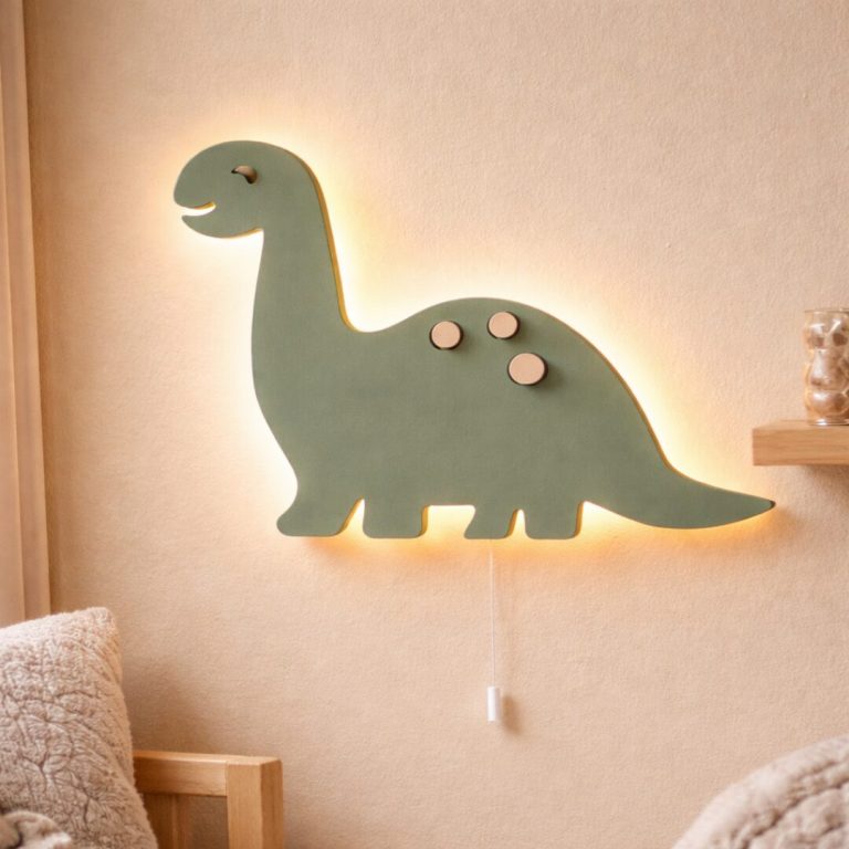 Dinosaurier LED-Wandnachtlicht aus Holz Salbeigrün | LED Nachtlicht Holz