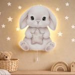 Graues Kaninchen mit Stern LED-Wandnachtlicht | LED Nachtlicht Holz