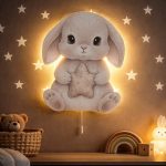 Graues Kaninchen mit Stern LED-Wandnachtlicht | LED Nachtlicht Holz