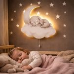 Schlafendes Kaninchen auf Mond und Wolke LED-Wandnachtlicht | LED Nachtlicht Holz