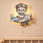 Wandnachtlicht weißer Bär mit Flugzeug Aquarell | LED Nachtlicht Holz