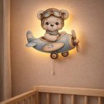 Wandnachtlicht weißer Bär mit Flugzeug Aquarell | LED Nachtlicht Holz