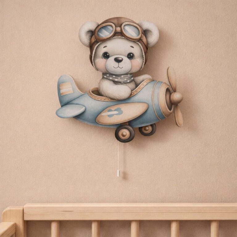 Wandnachtlicht weißer Bär mit Flugzeug Aquarell | LED Nachtlicht Holz