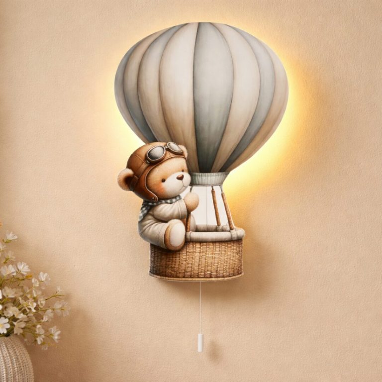 Wandnachtlicht Bär im Heißluftballon | LED Nachtlicht Holz